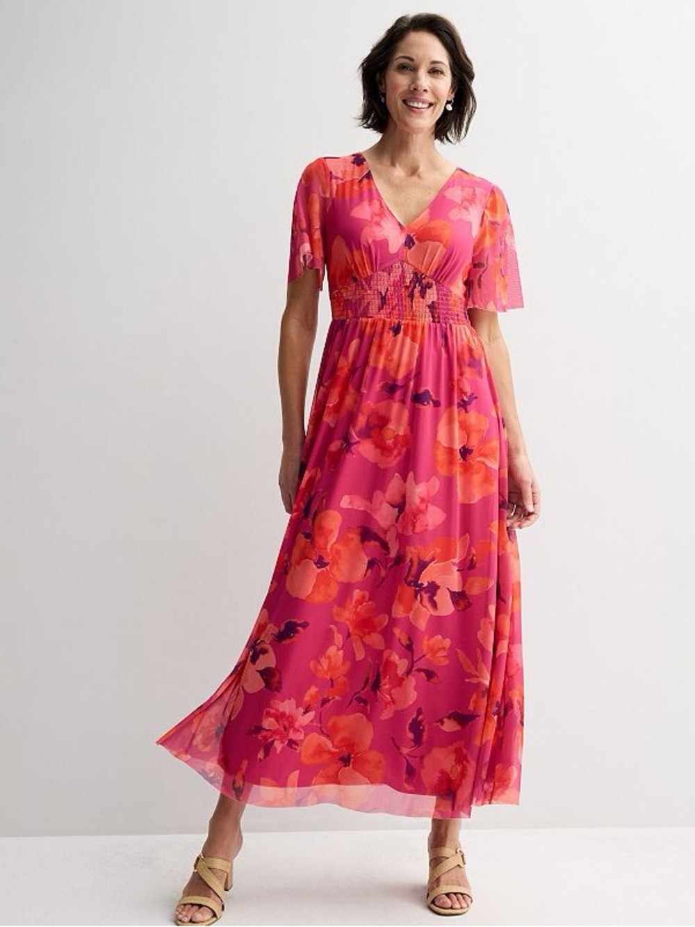 London Times Pink Floral Short Sleeve Smocked Maxi Dress NWT